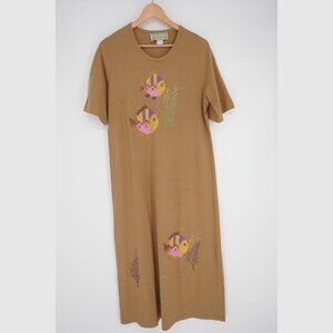 Vintage Infinity Womens Maxi Dress L Brown T Shirt Mumu 90s Cotton Fish Artsy